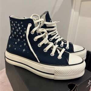 Converse Navy High-Top Platform Sneakers with White Star Embroidery